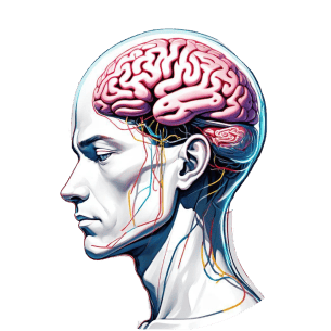 Side profile of a human head with an exposed brain, showing neural connections and pathways in vibrant colors.